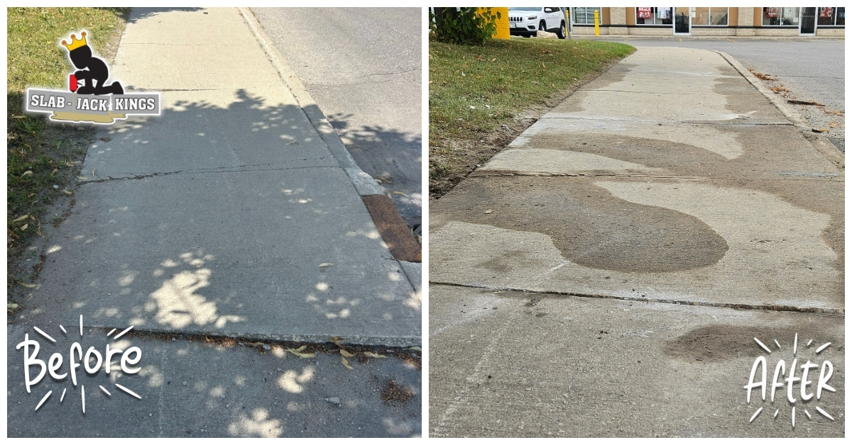 Before-And-After Comparison Of Commercial Sidewalk Tripping Hazards And Fractures Repaired With Polyurethane Concrete Lifting And Levelling At The Wok Box Entrance In Tuxedo Industrial, Winnipeg, With Uneven Sidewalk Sections Lifted And Levelled Into A Safe, Stabilized Walkway.