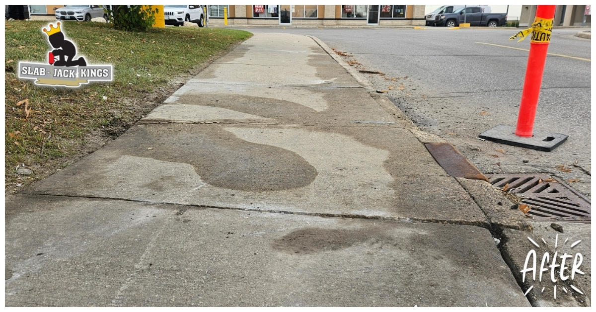 Commercial Sidewalk Leveled And Stabilized With Polyurethane Foam Injection At Wok Box Entrance, Tuxedo Industrials, Winnipeg.