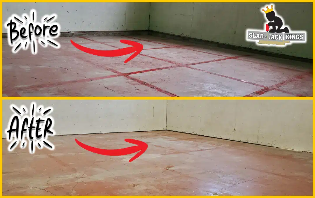 Shop floor with radiant heat lines – before & after polyurethane concrete lifting & levelling in st. Adolphe, mb
